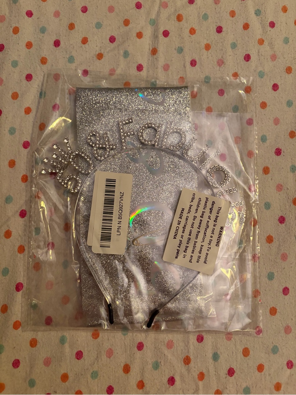 50 & Fabulous Rhinestone Tiara Headband & Silver Glitter Birthday Sash Set NIP
